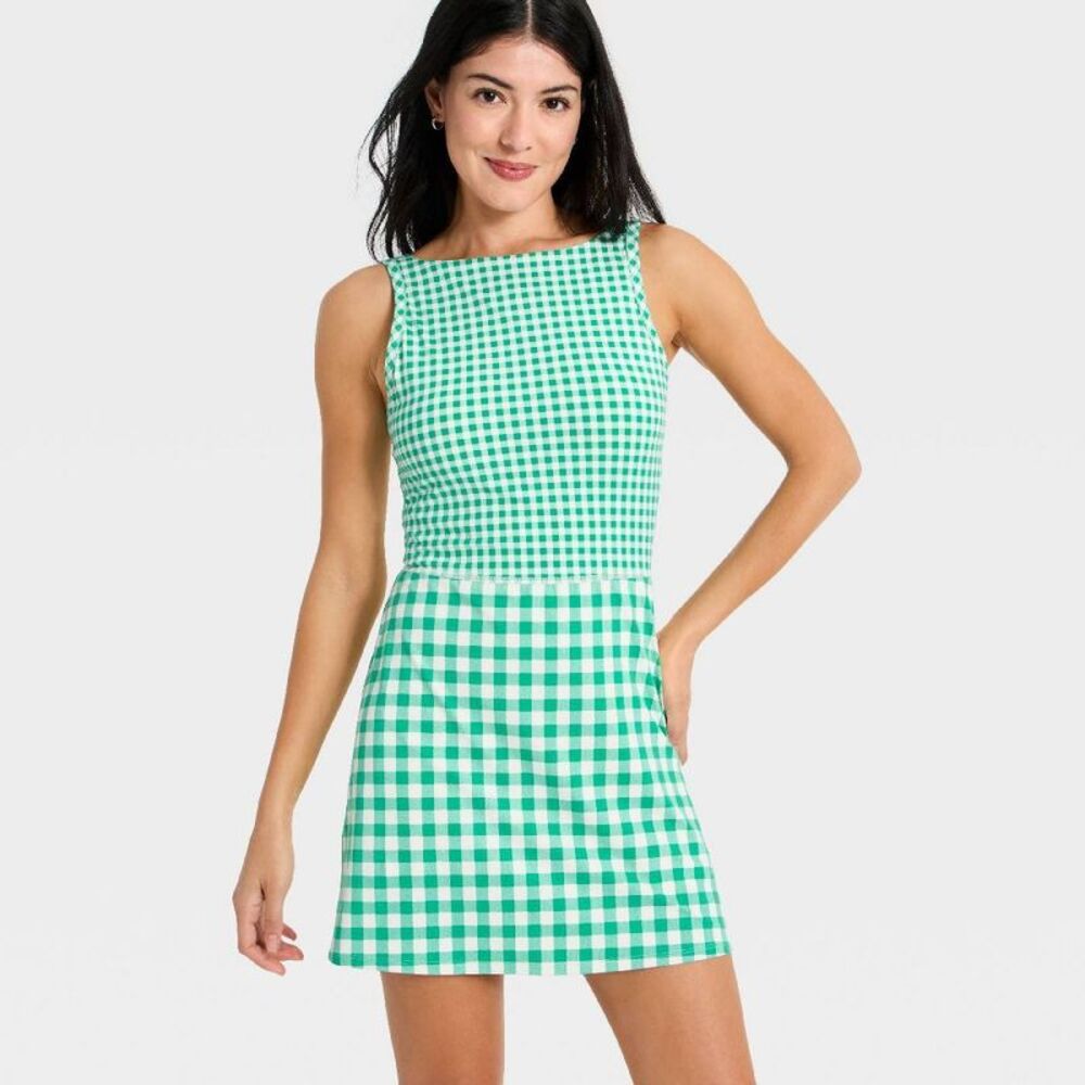 Women's Knit High Neck Active Dress - All In Motion Forest Green Gingham XL